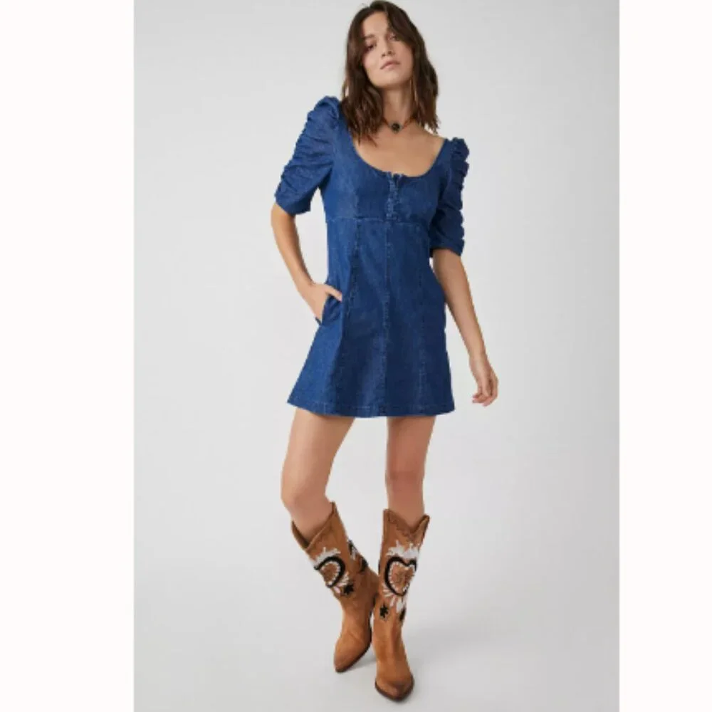 Free People Cheyenne Denim Mini Dress, Blue | Medium